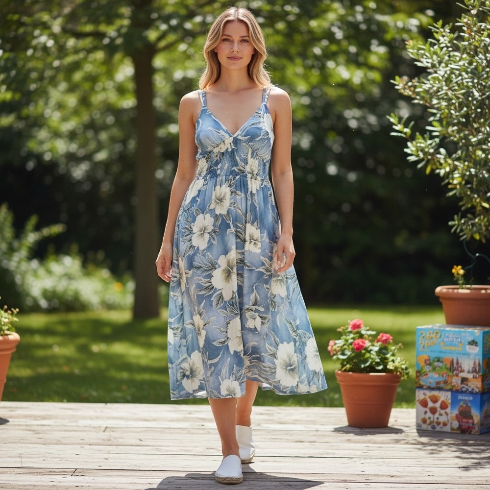 Sunny Island Hawaii Blue Hibiscus Floral Smocked High Low Ruffle Midi Dress OS